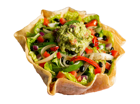 Image of crispy taco salad bowl with lettuce, onion, peppers, black beans, and guacamole.